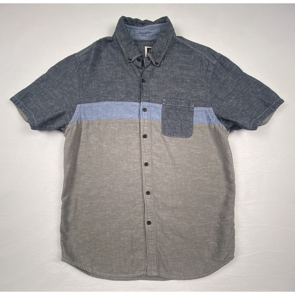 Howe Mens Short Sleeve Button Down Shirt Blue Grey Colorblock Cotton Linen M